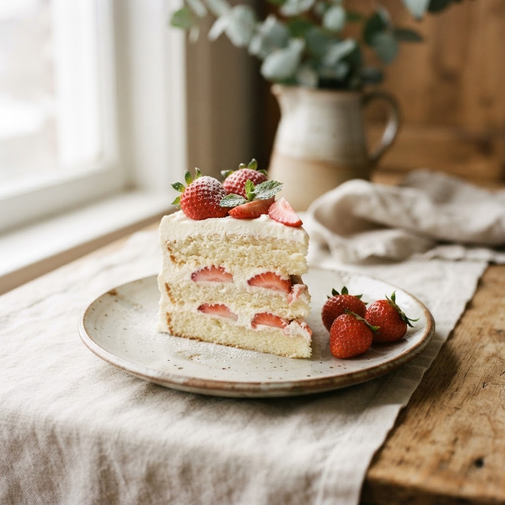 A slice of strawberry torte with fresh strawberries
