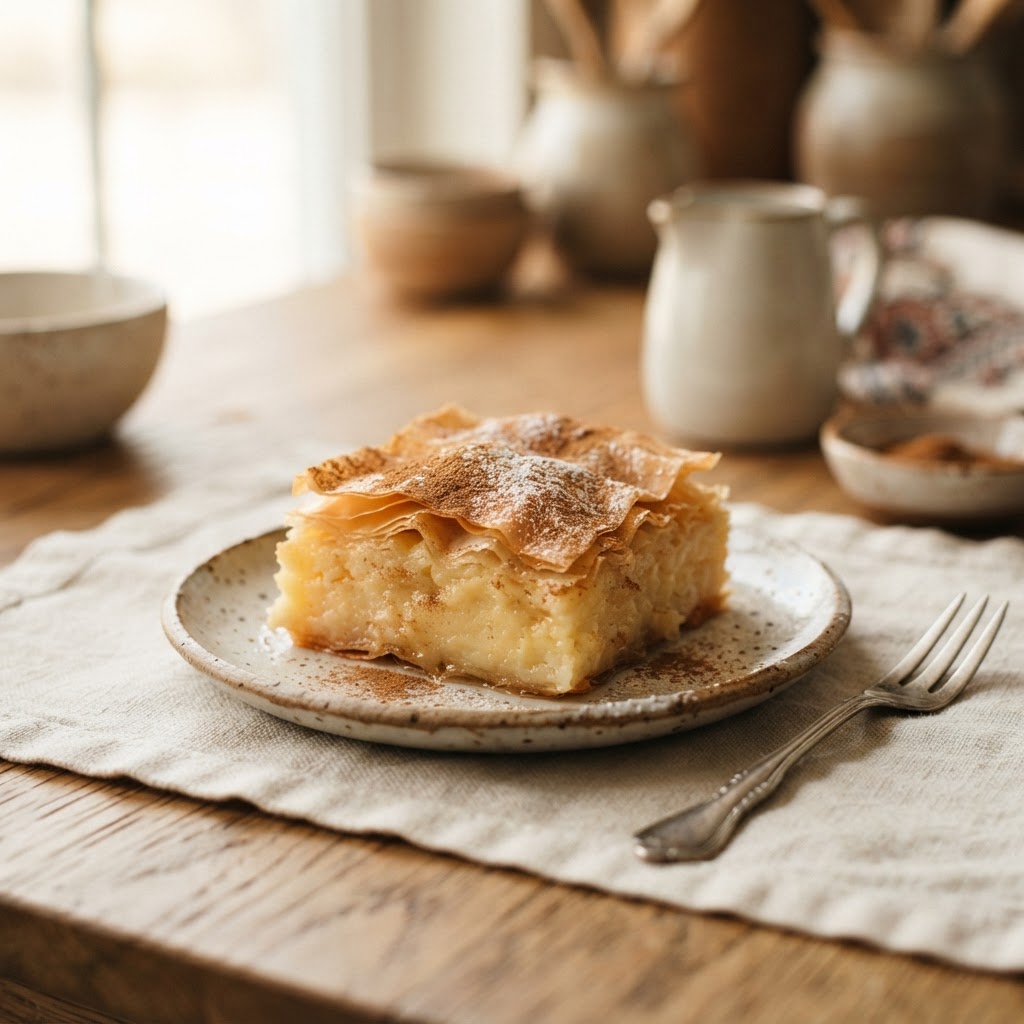 Galaktoboureko, a slice of Greek semolina custard in filo pastry