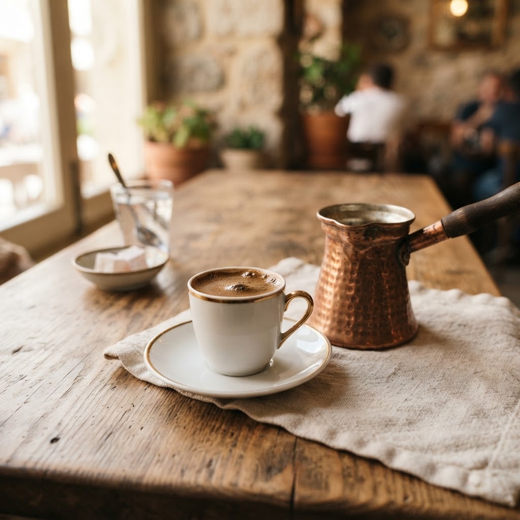 Greek mokka brewed in a copper pot