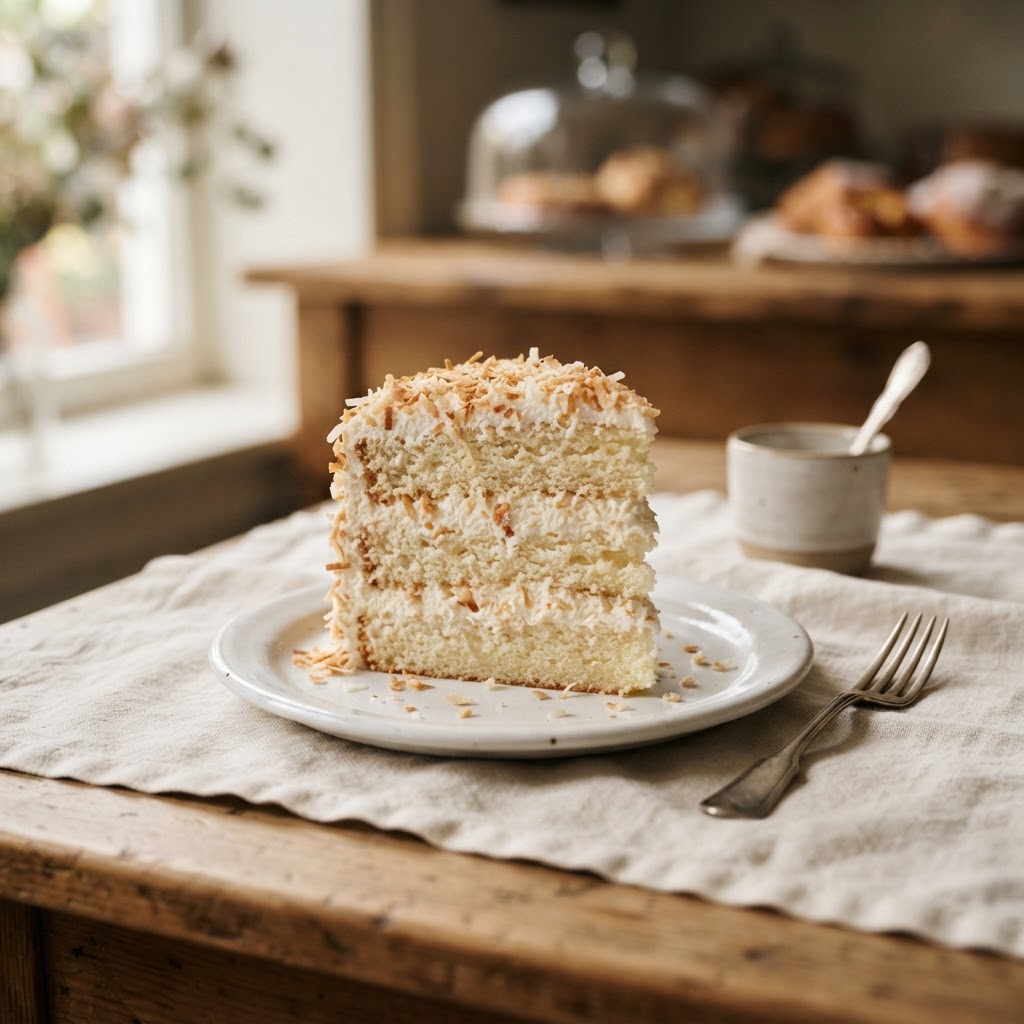 A slice of coconut cream torte with coconut flakes