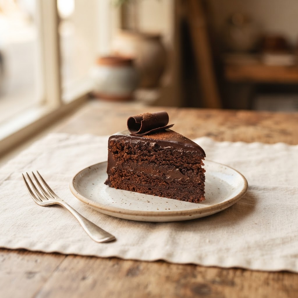 A slice of chocolate torte with ganache